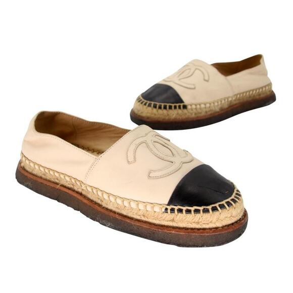 Chanel Espadrille 37 Lambskin Leather Rubber Platform CC Flats CC-0707N-0016 - Picture 2 of 10